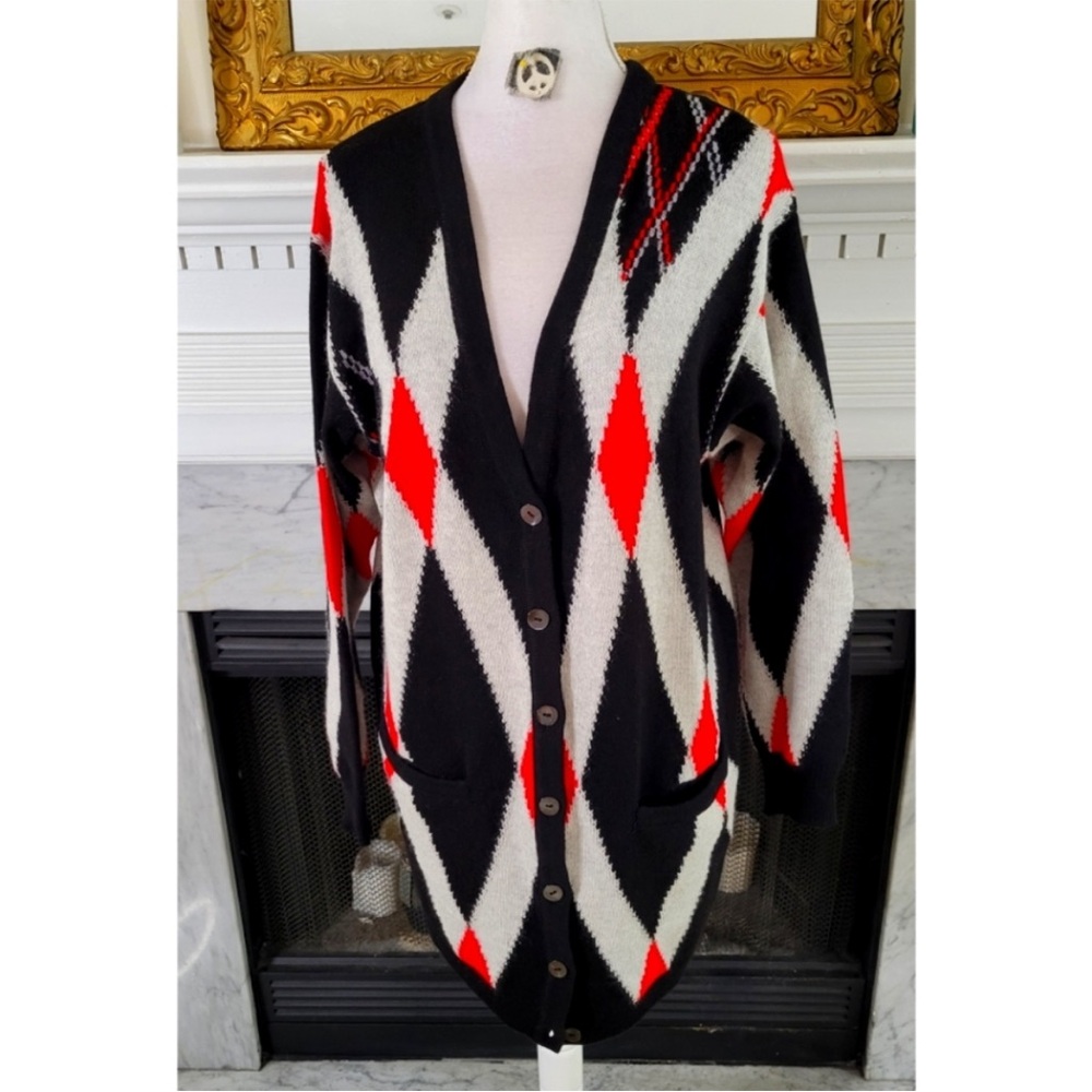 Les Copains Black, Red, and White Diamond Cardigan